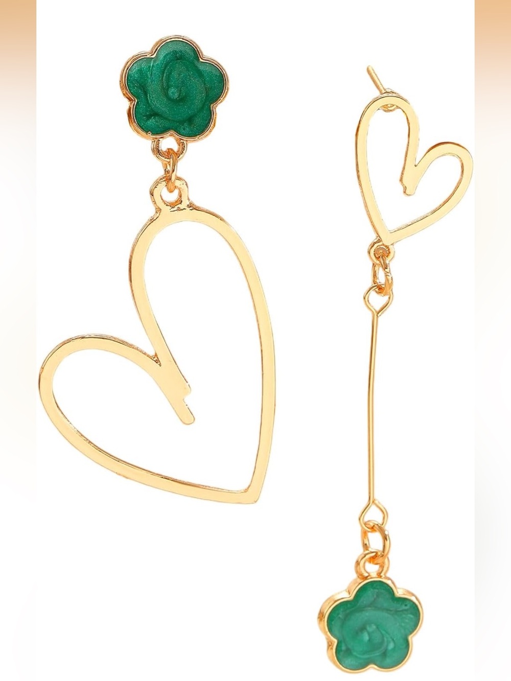 Color Gold Heart Drop Earrings with Green Flower Accents
